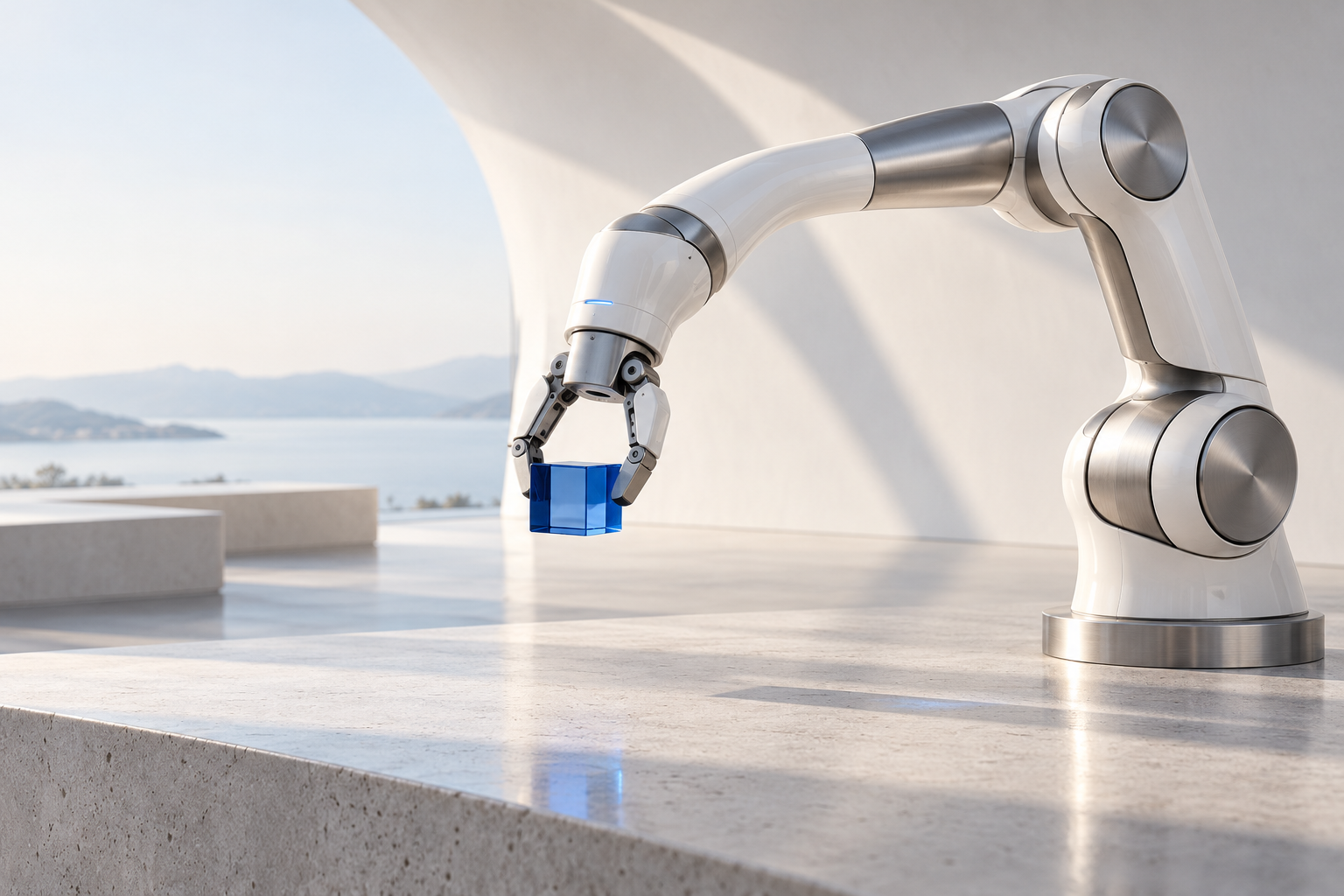 Concept artwork of a white collaborative robot arm holding a blue glass cube in a sunlit studio